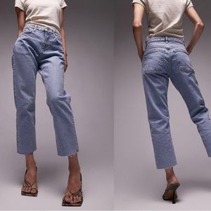 Topshop Raw Hem Crop Straight Leg Jeans | Sz 32x32 | Bleach Wash